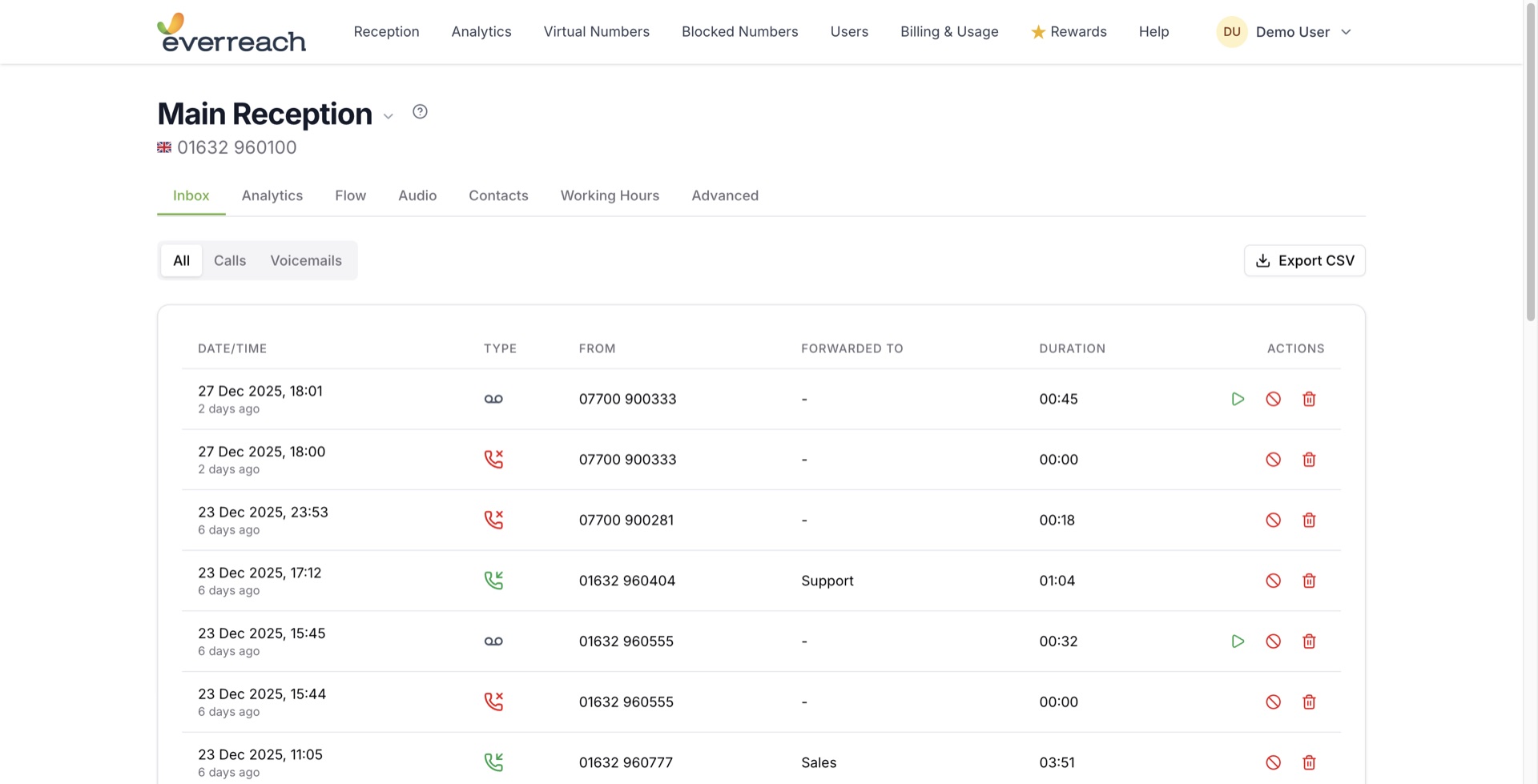 everreach inbox - call and voicemail history